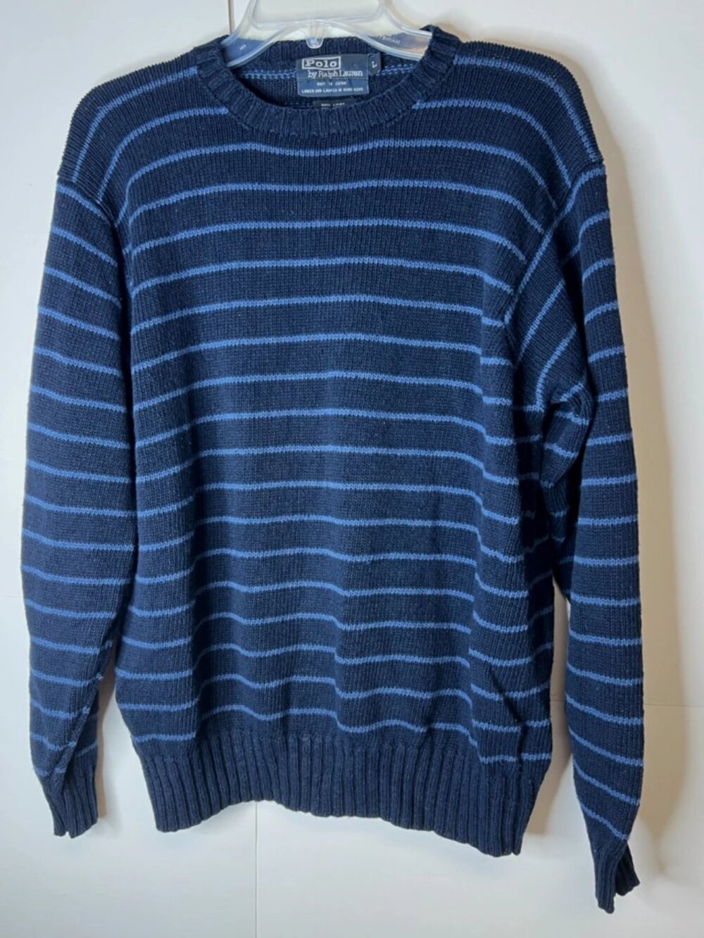 Polo By Ralph Lauren Men's Large Blue White Striped Linen Blend Knit Sweater VTG
